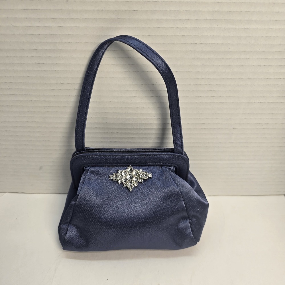 Claire's Navy Blue Satin Evening Bag Rhinestone Brooch Formal Handbag Mini Purse